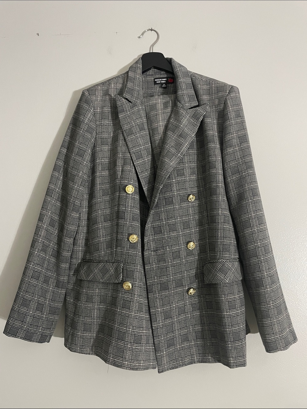 Shelby Rose Plaid Pant Suit Women 12‎ Gray Excellent Double Breasted Gold Button
